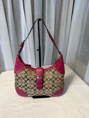 Coach Y2K Signature Monogram Hobo Bag Fuchsia Leather & Jacquard Tan Canvas